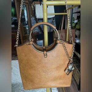 Prada Camel Leather Shoulder Bag with Gold Chain